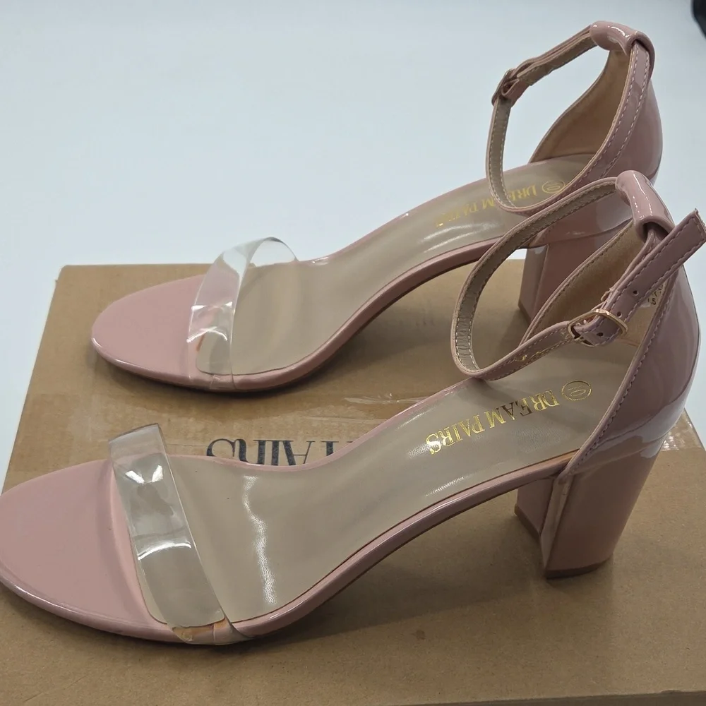 Pink Ankle Strap Block Heels With Clear Toe Strap Size 10